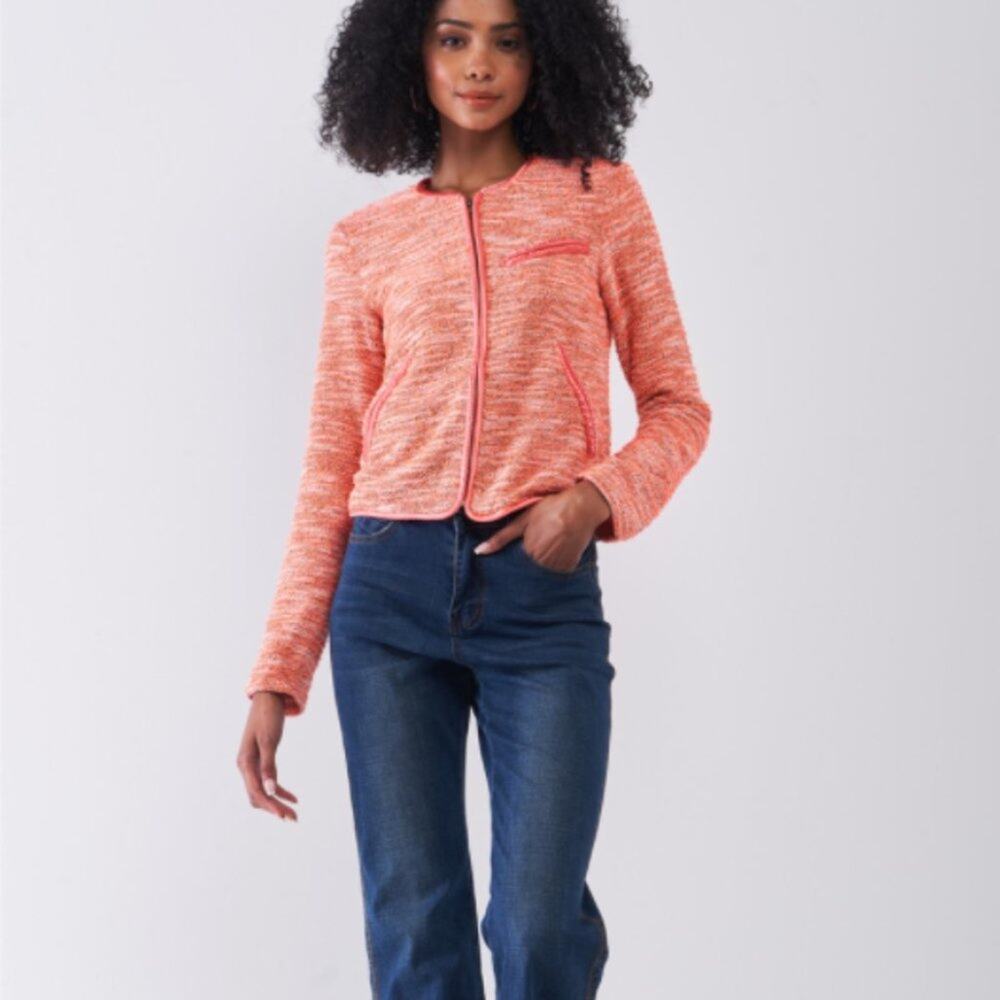 Orange Vintage Tweed Long Sleeve Front Zip-Up Detail Jacket With Pockets - Picture 5 of 16